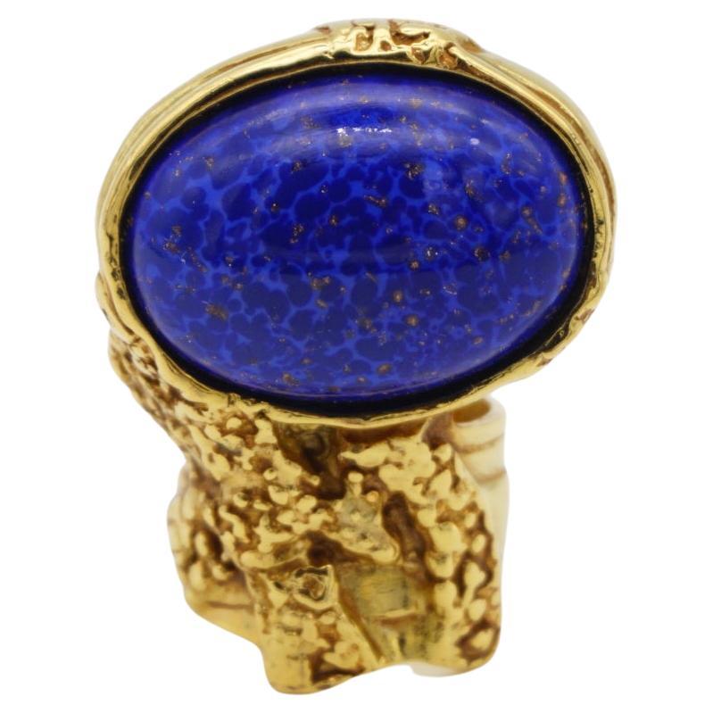 Yves Saint Laurent YSL Arty Navy Blue Statement Enamel Chunky Gold Ring, Size 4 For Sale