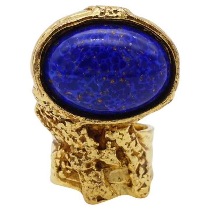 Yves Saint Laurent YSL Arty Navy Cabochon Blue Statement Chunky Ring, US 7, Gold For Sale