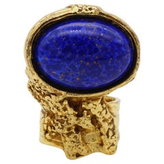 Vintage Yves Saint Laurent YSL Arty Navy Cabochon Blue Statement Chunky Ring, US 7, Gold