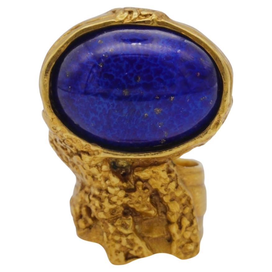 Yves Saint Laurent YSL Arty Navy Cabochon Blue Statement Chunky Ring, US 7, Gold For Sale