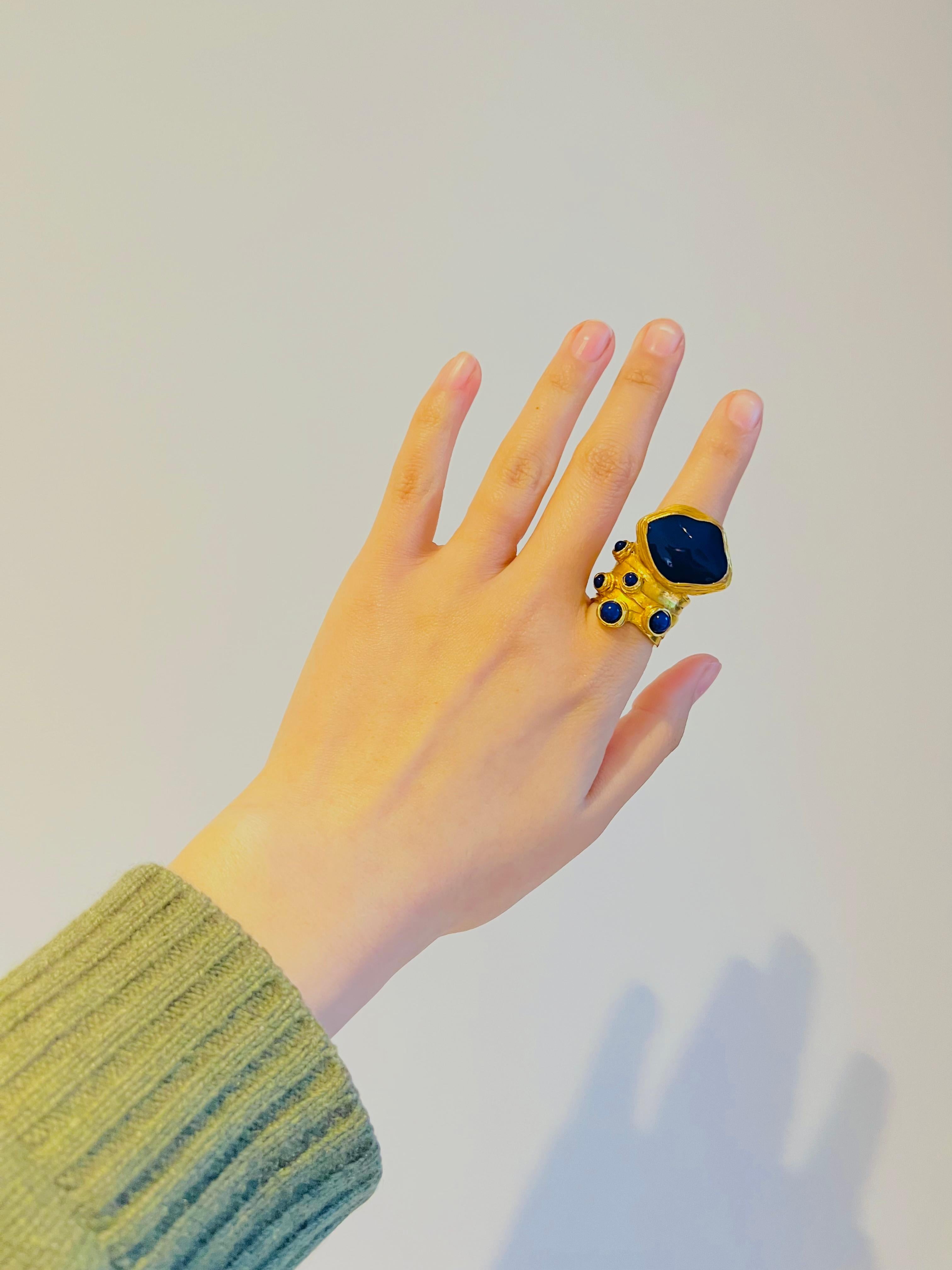 Yves Saint Laurent YSL Arty Navy Cabochon Enamel Dots Chunky Gold Ring, Size 6  For Sale 2