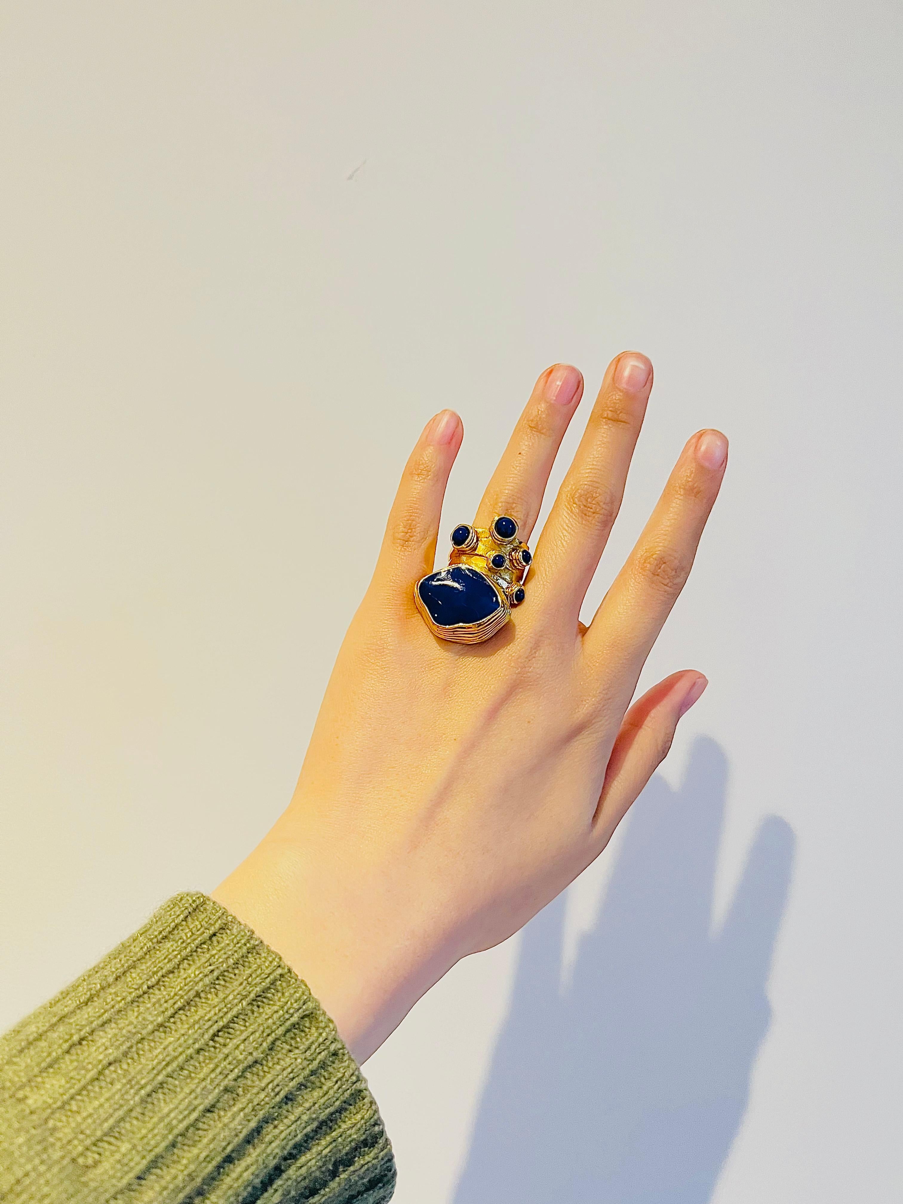 Yves Saint Laurent YSL Arty Navy Cabochon Enamel Dots Chunky Gold Ring, Size 6  For Sale 3