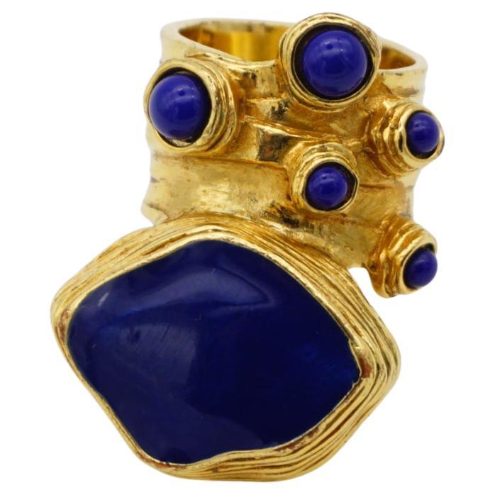 Yves Saint Laurent YSL Arty Navy Cabochon Enamel Dots Chunky Gold Ring, Size 6  For Sale