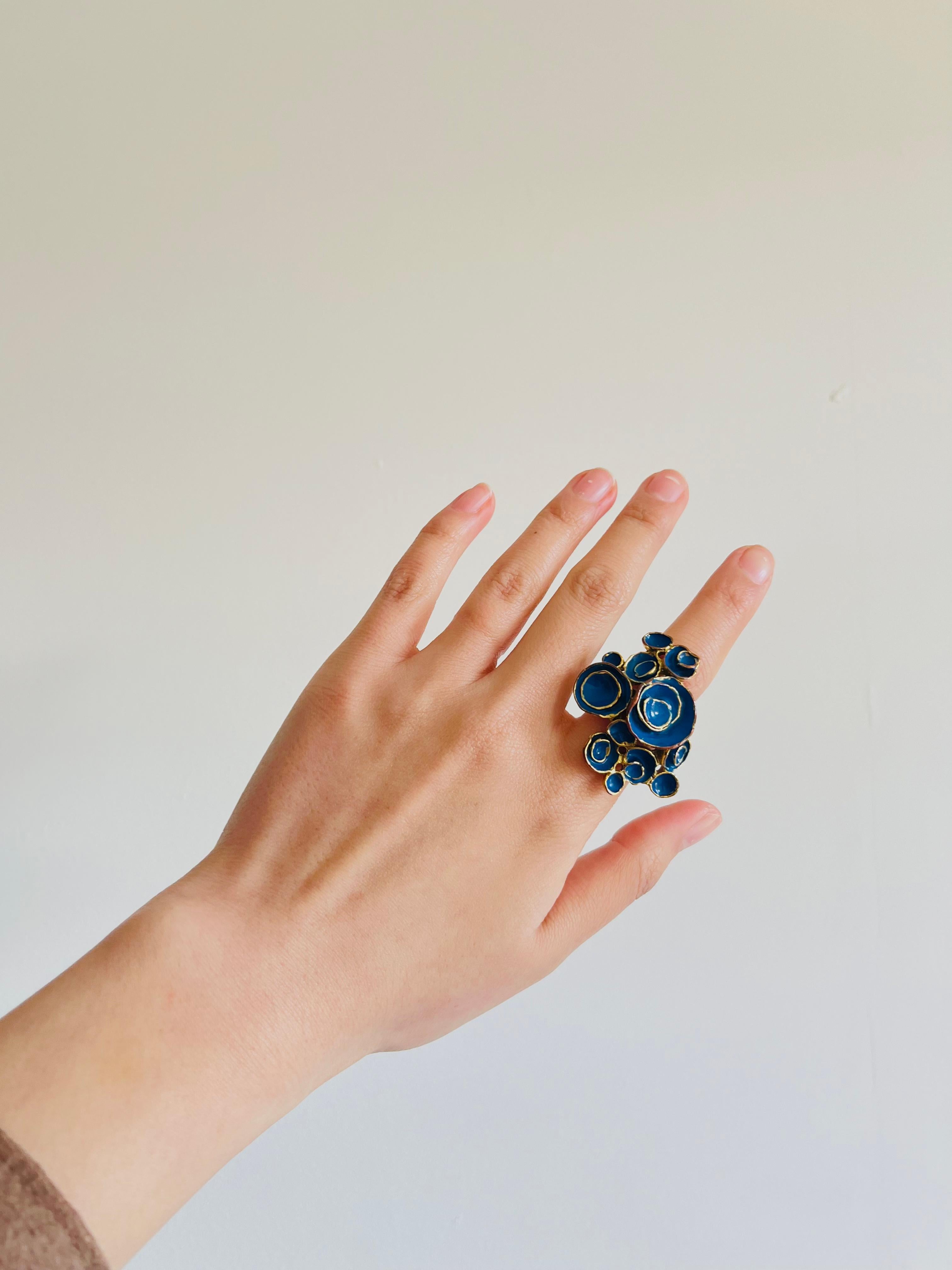 Contemporary Yves Saint Laurent YSL Arty Navy Cluster Flowers Statement Chunky Ring, Size 6 For Sale