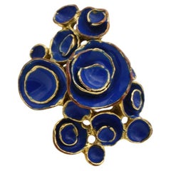 Vintage Yves Saint Laurent YSL Arty Navy Cluster Flowers Statement Chunky Ring, Size 6
