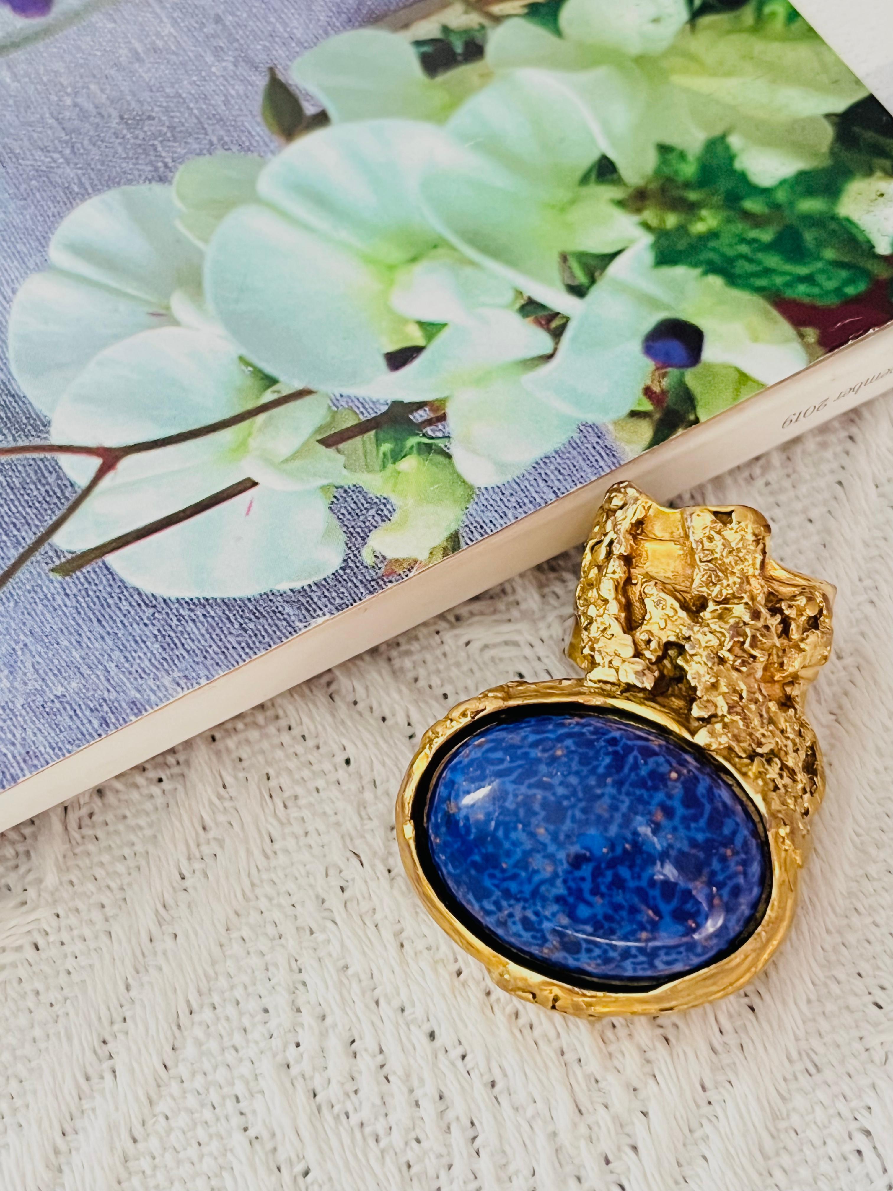 Art Deco Yves Saint Laurent YSL Arty Navy Lapis Statement Chunky Cabochon Ring, Size 5 For Sale
