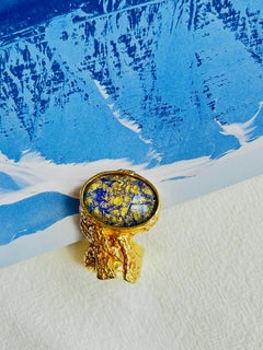 Yves Saint Laurent YSL Arty Navy Shining Cabochon Statement Gold Ring, Size 7