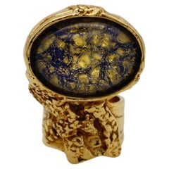Yves Saint Laurent YSL Arty Navy Shining Cabochon Statement Gold Ring, Size 7