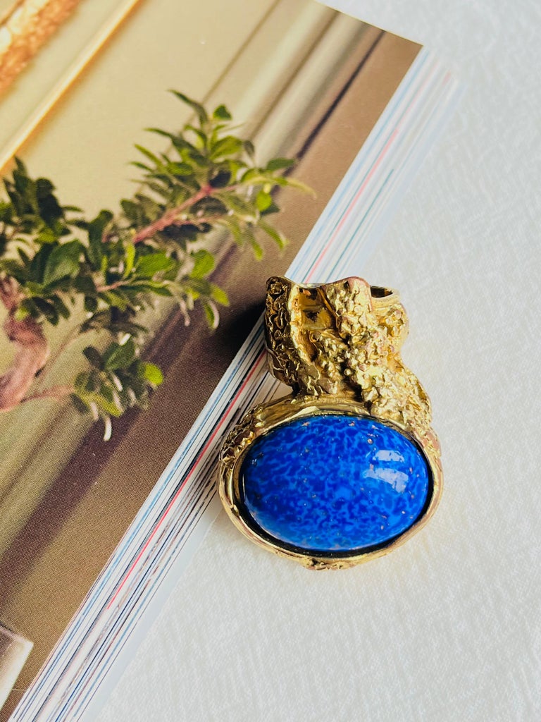 Yves Saint Laurent YSL Arty Navy Statement Chunky Cabochon Gold Ring, Size