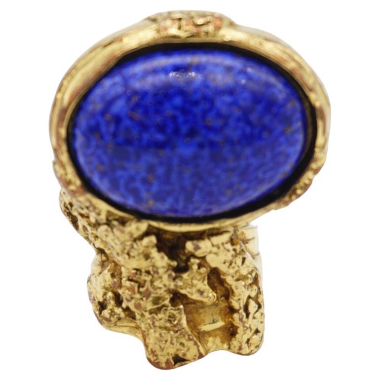 Yves Saint Laurent YSL Arty Navy Statement Chunky Cabochon Gold Ring, Size 5 For Sale