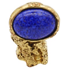 Yves Saint Laurent YSL Arty Navy Statement Chunky Cabochon Gold Ring, Size 5