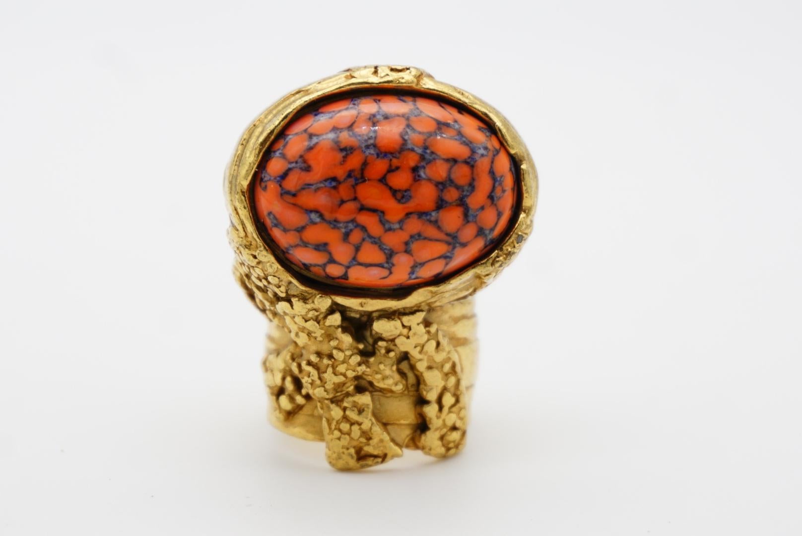 Yves Saint Laurent YSL Arty Orange Coral Cabochon Marble Chunky Ring, Size 7 In Excellent Condition For Sale In Wokingham, England