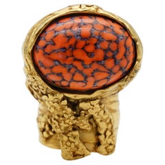 Yves Saint Laurent YSL Arty Orange Coral Cabochon Marble Chunky Ring, Size 7