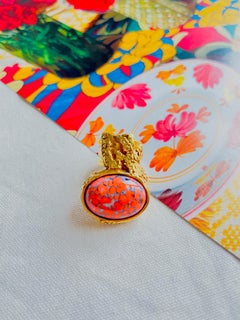 Yves Saint Laurent YSL Arty Orange Coral Cabochon Statement Enamel Ring, Size 4
