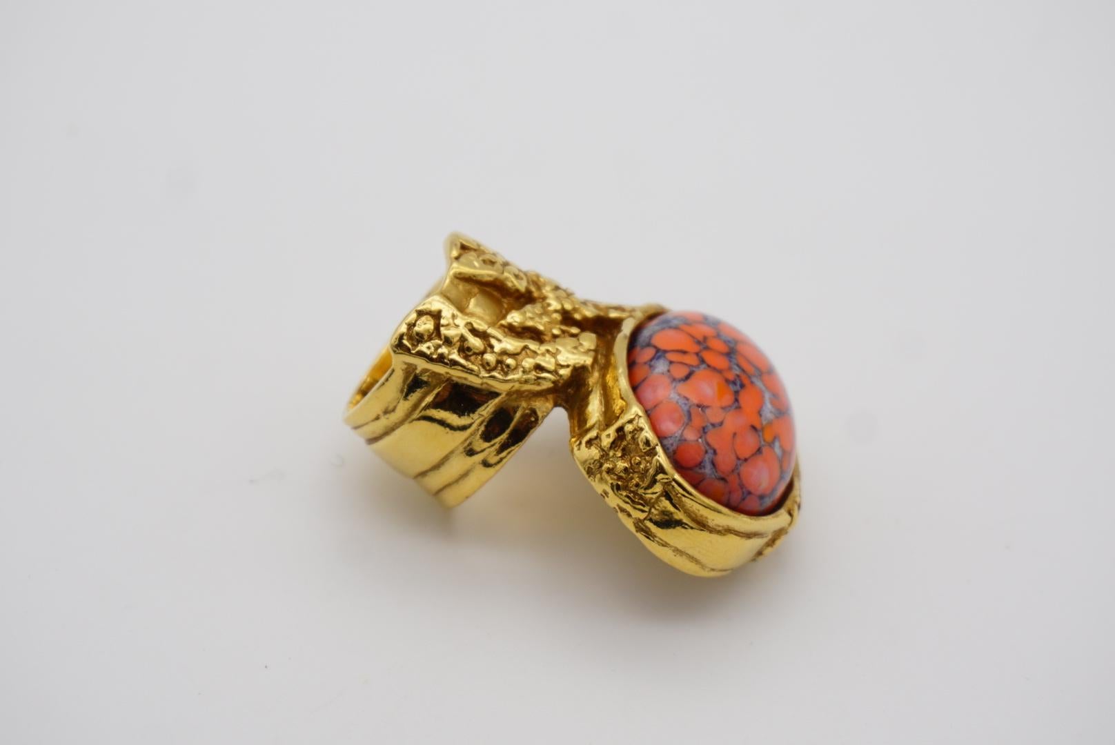 Yves Saint Laurent YSL Arty Orange Coral Cabochon Statement Enamel Ring, Size 4 In Excellent Condition For Sale In Wokingham, England