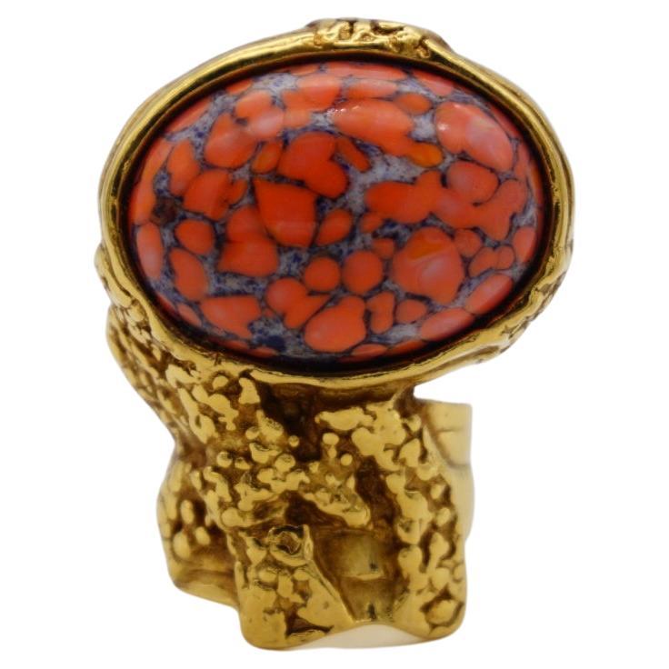 Yves Saint Laurent YSL Arty Orange Coral Cabochon Statement Enamel Ring, Size 4 For Sale