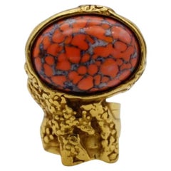 Yves Saint Laurent YSL Arty Orange Coral Cabochon Statement Enamel Ring, Size 4