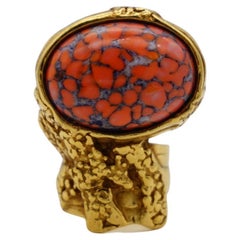 Yves Saint Laurent YSL Arty Orange Coral Cabochon Statement Enamel Ring, Size 4