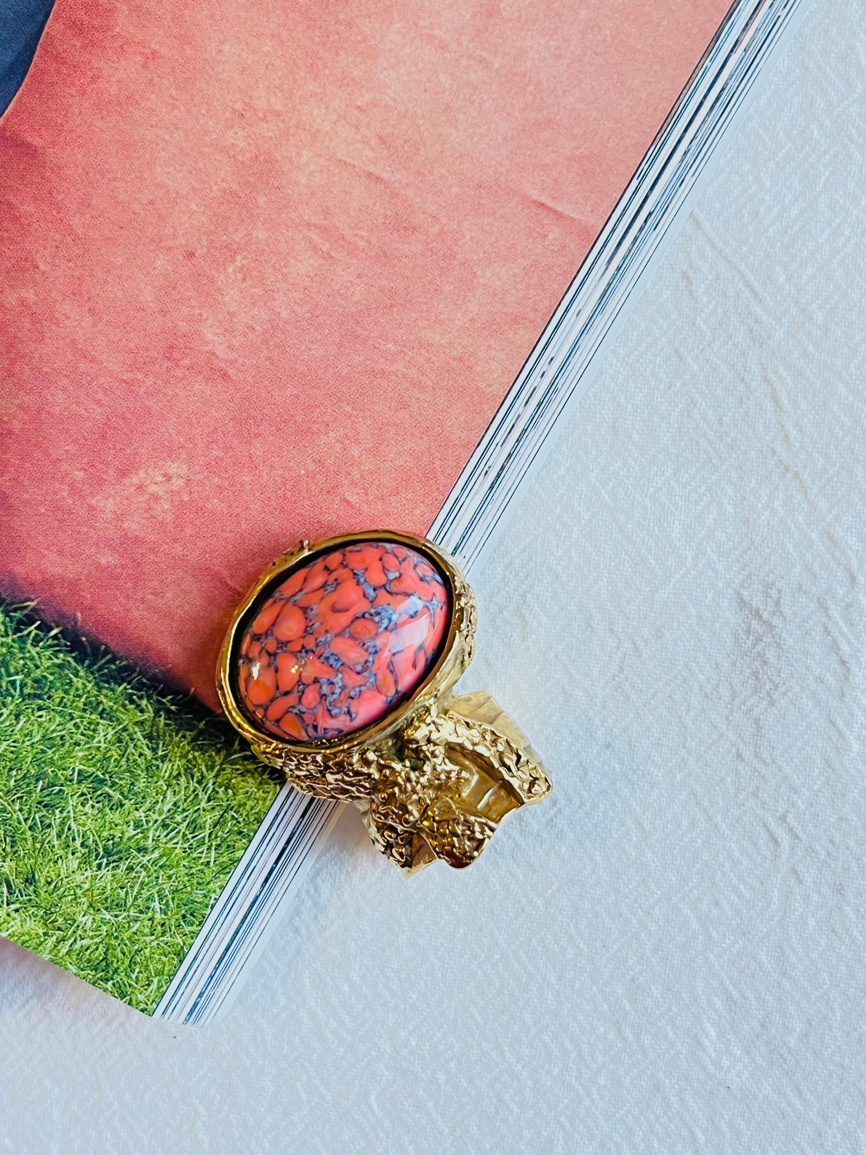 Art Deco Yves Saint Laurent YSL Arty Orange Coral Cabochon Statement Gold Ring, Size 7
