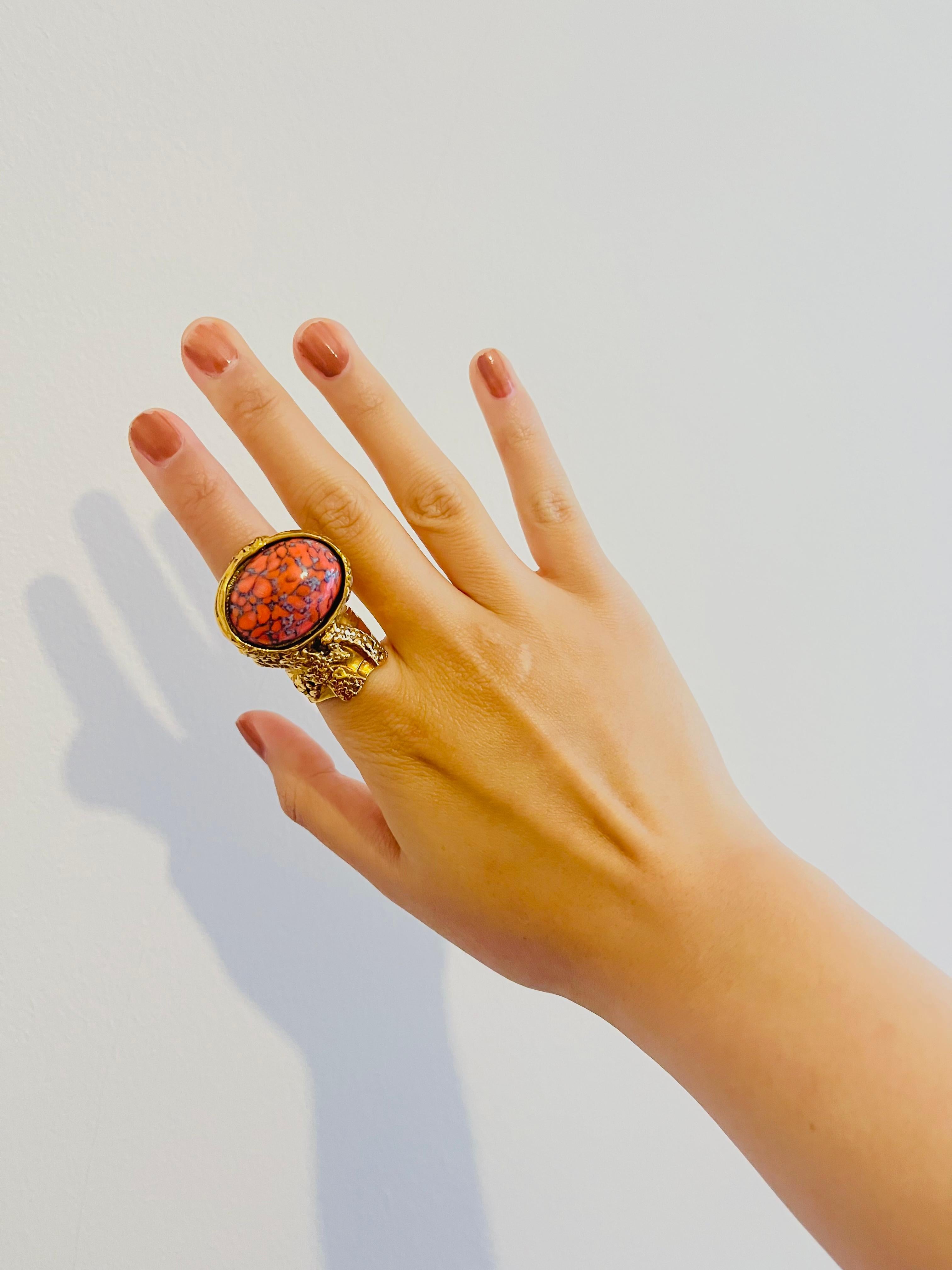 Yves Saint Laurent YSL Arty Orange Coral Cabochon Statement Gold Ring, Size 7 1