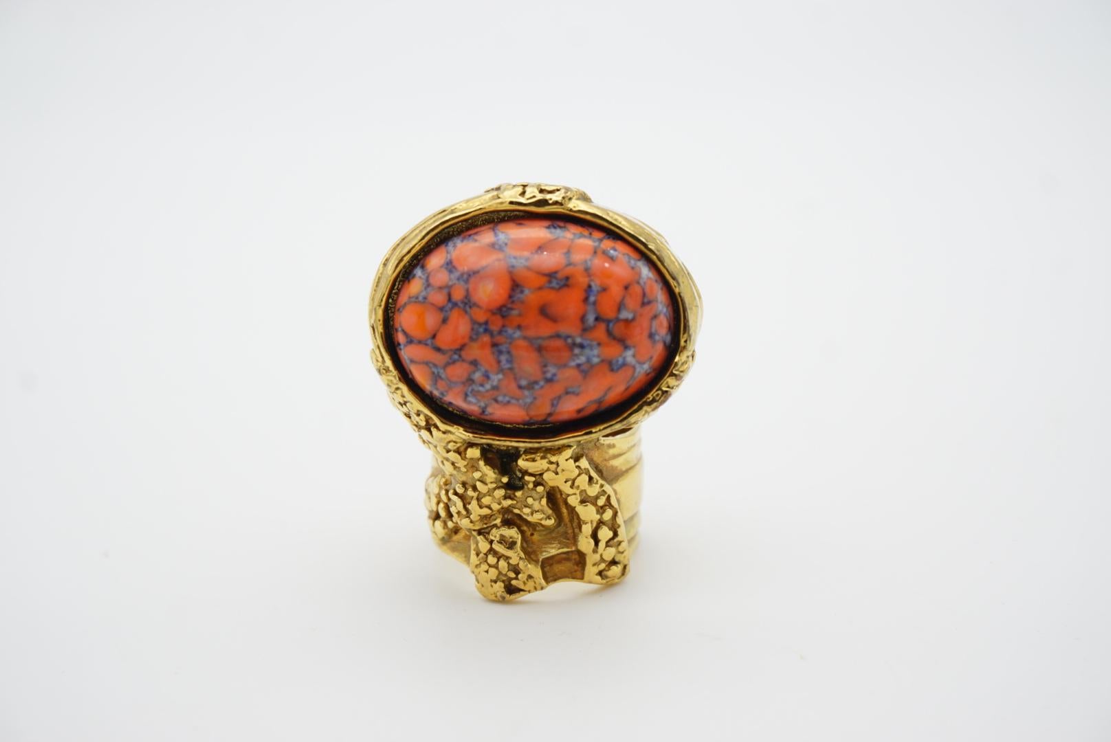 Yves Saint Laurent YSL Arty Orange Coral Cabochon Statement Gold Ring, Size 7 2