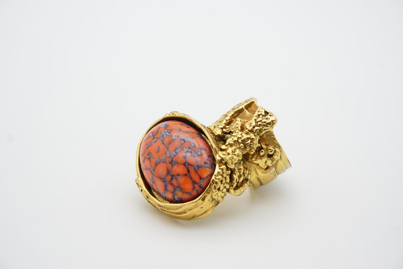 Yves Saint Laurent YSL Arty Orange Coral Cabochon Statement Gold Ring, Size 7 3