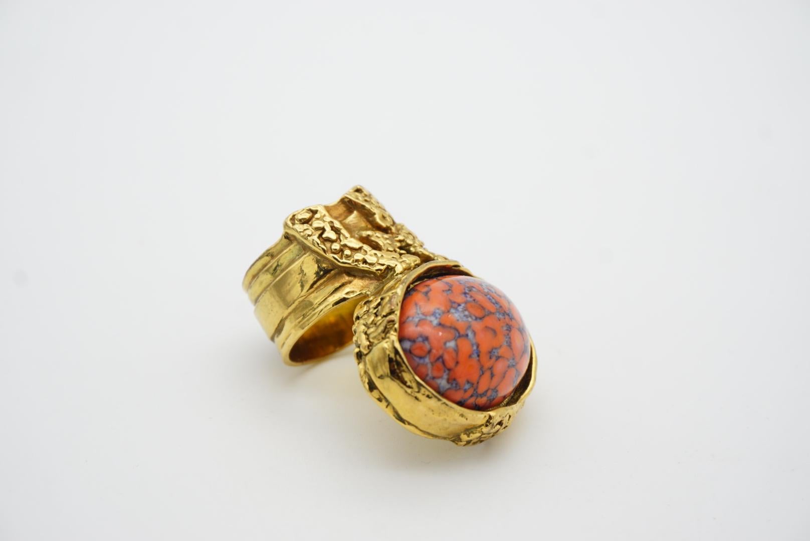 Yves Saint Laurent YSL Arty Orange Coral Cabochon Statement Gold Ring, Size 7 4