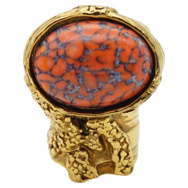 Yves Saint Laurent YSL Arty Orange Coral Cabochon Statement Gold Ring, Size 7 For Sale