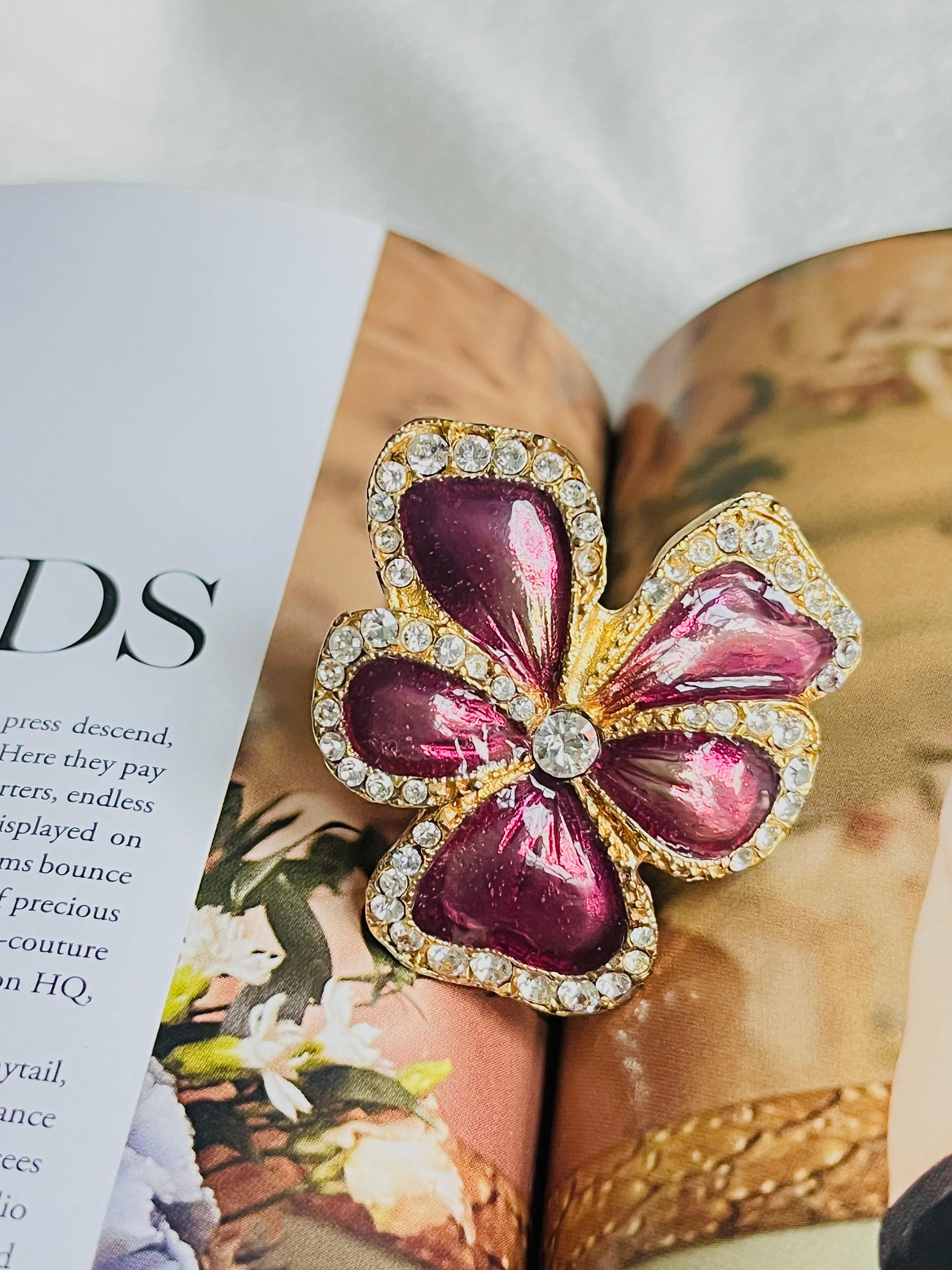 Women's or Men's Yves Saint Laurent YSL Arty Purple Pansy Flower Crystals Chunky Ring, US 8, Gold
