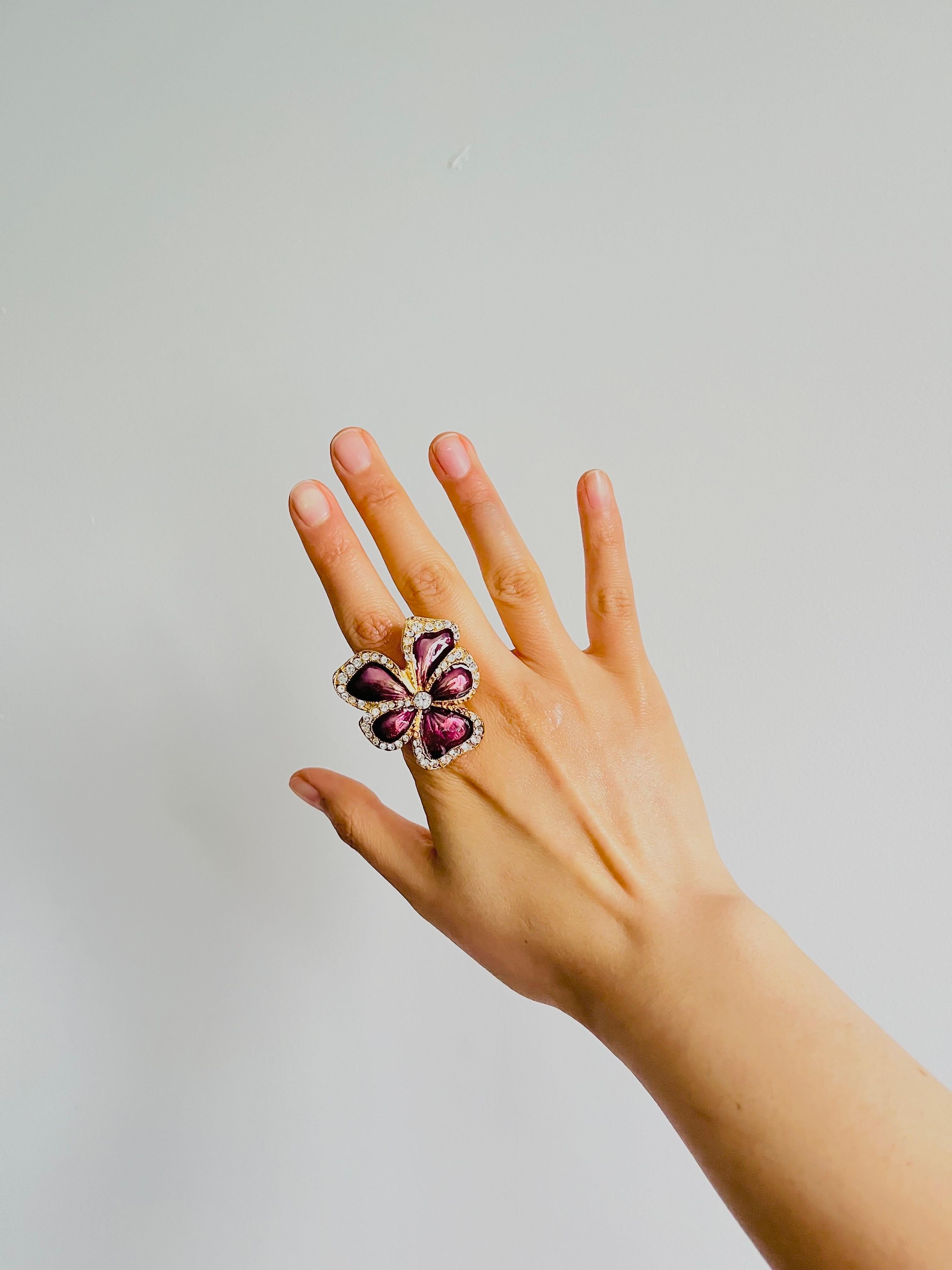 Yves Saint Laurent YSL Arty Purple Pansy Flower Crystals Chunky Ring, US 8, Gold 3