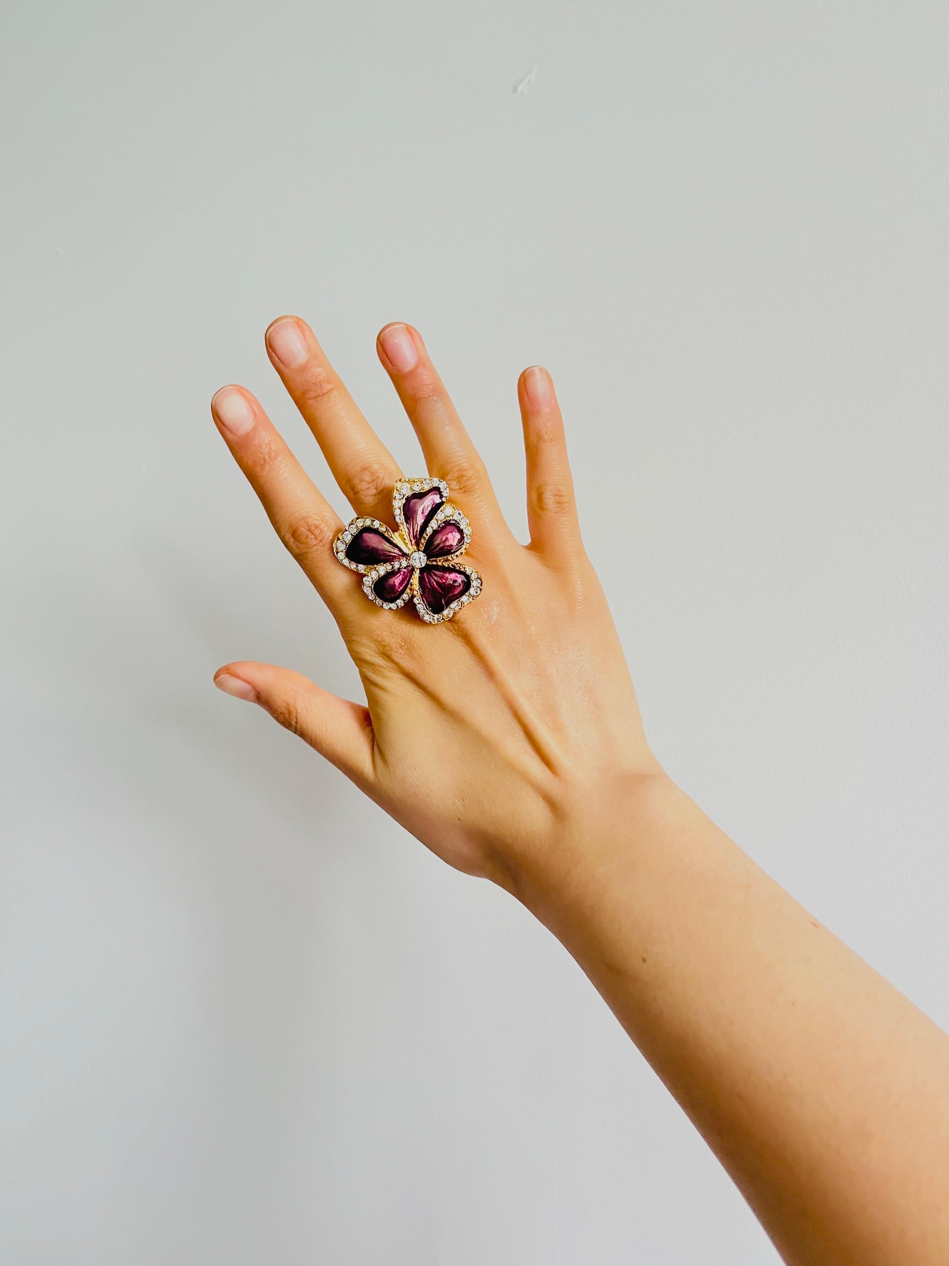 Yves Saint Laurent YSL Arty Purple Pansy Flower Crystals Chunky Ring, US 8, Gold 4