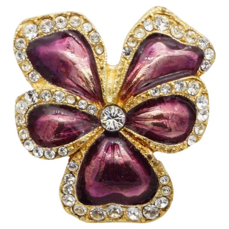 Yves Saint Laurent YSL Anello con cristalli a forma di fiore di viola mammola, US 8, oro in vendita