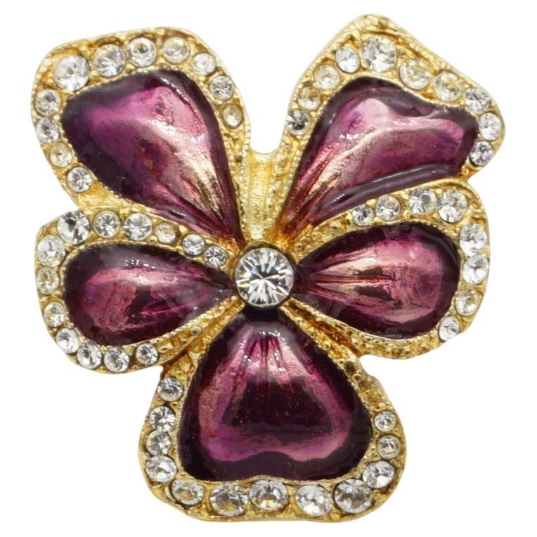Yves Saint Laurent YSL Arty Purple Pansy Flower Crystals Chunky Ring, US 8, Gold in vendita