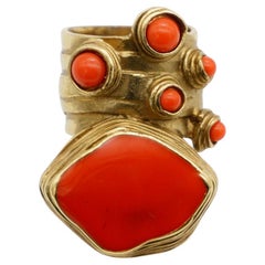 Yves Saint Laurent YSL Arty Red Cabochon Dots Cocktail Chunky Gold Ring, Size 6
