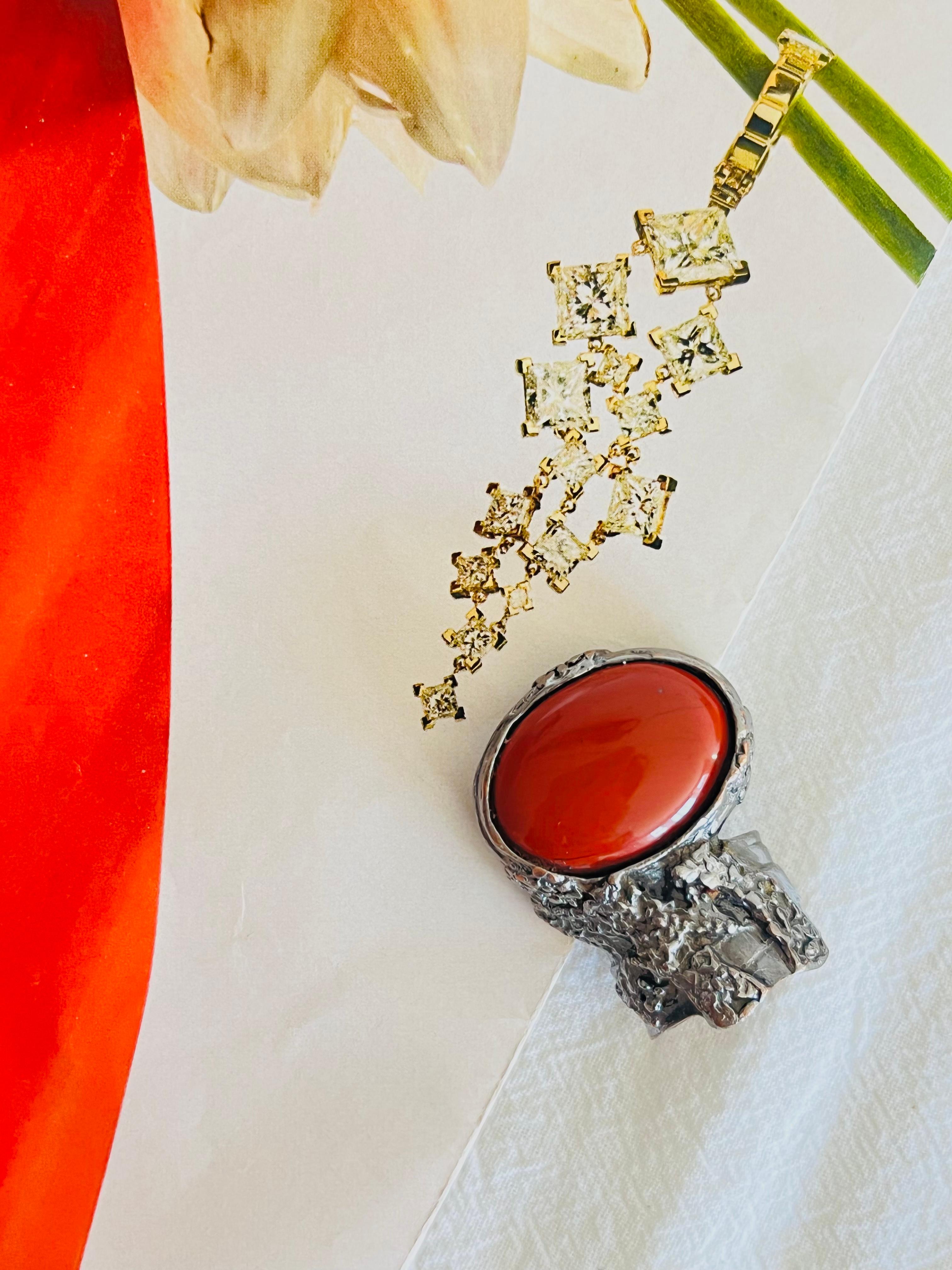 Art Deco Yves Saint Laurent YSL Arty Red Ruby Cabochon Statement Chunky Silver Ring, US 6 For Sale