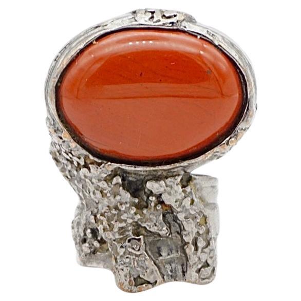 Yves Saint Laurent YSL Arty Red Ruby Cabochon Statement Chunky Silver Ring, US 6 For Sale