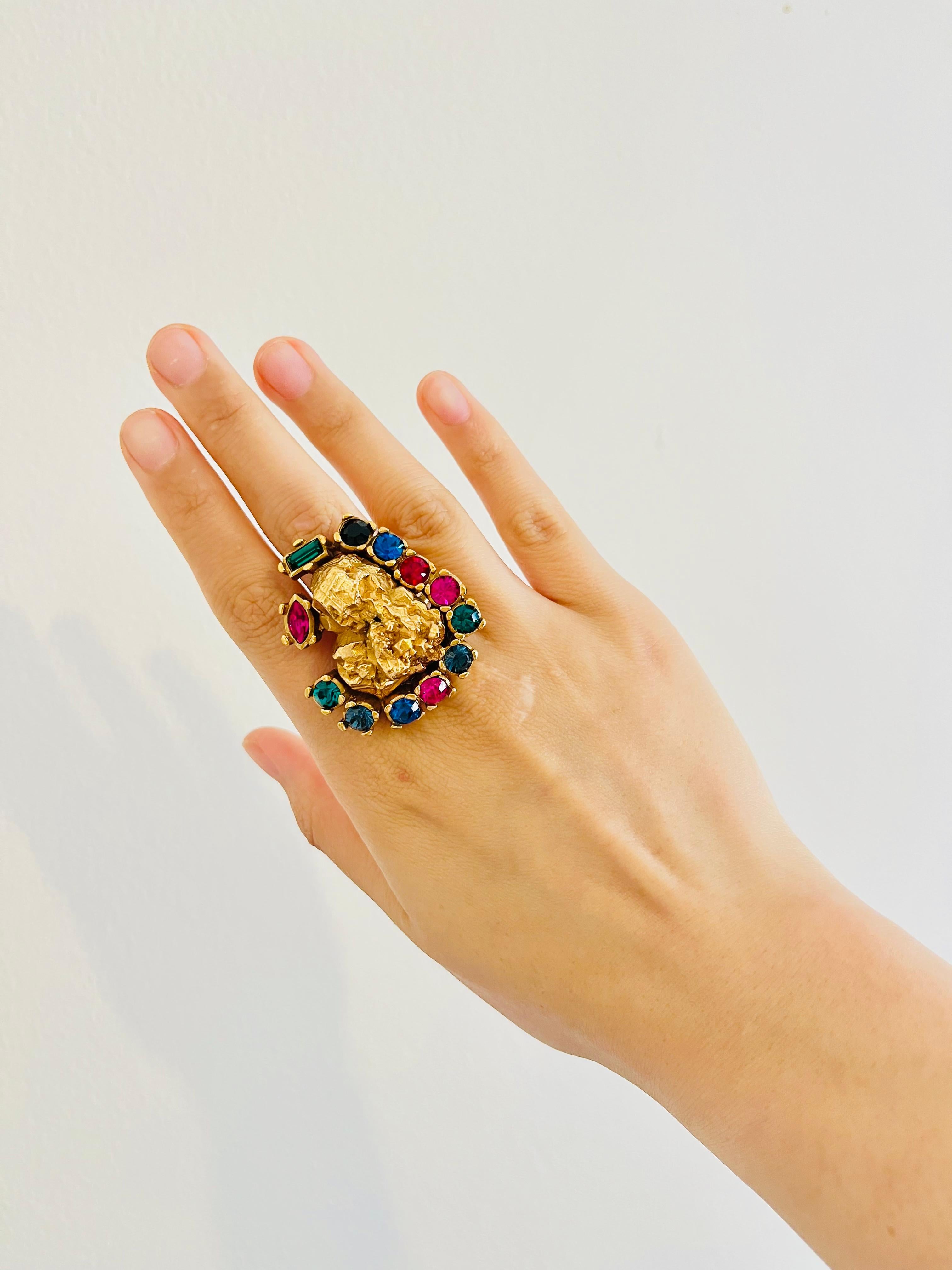 Women's or Men's Yves Saint Laurent YSL Arty Ruby Emerald Sapphire Statement Chunky Ring, US 6