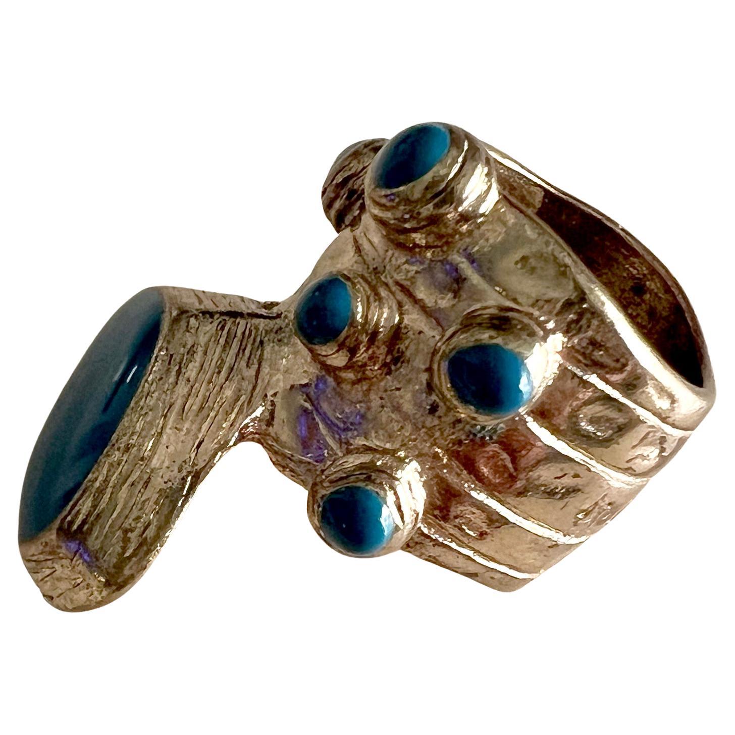 Baroque Yves Saint Laurent YSL Arty Teal Turquoise Chunky Gold Tone Ring Enamel Stones For Sale