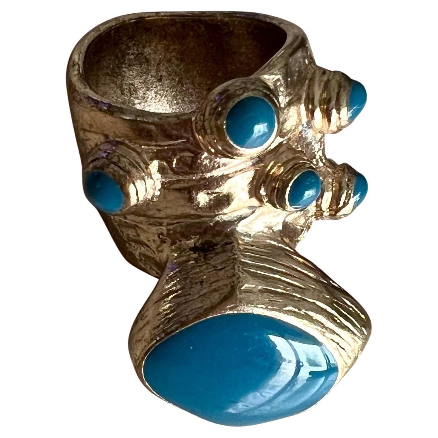Yves Saint Laurent YSL Arty Teal Turquoise Chunky Gold Tone Ring Enamel Stones In Good Condition For Sale In Palm Springs, CA