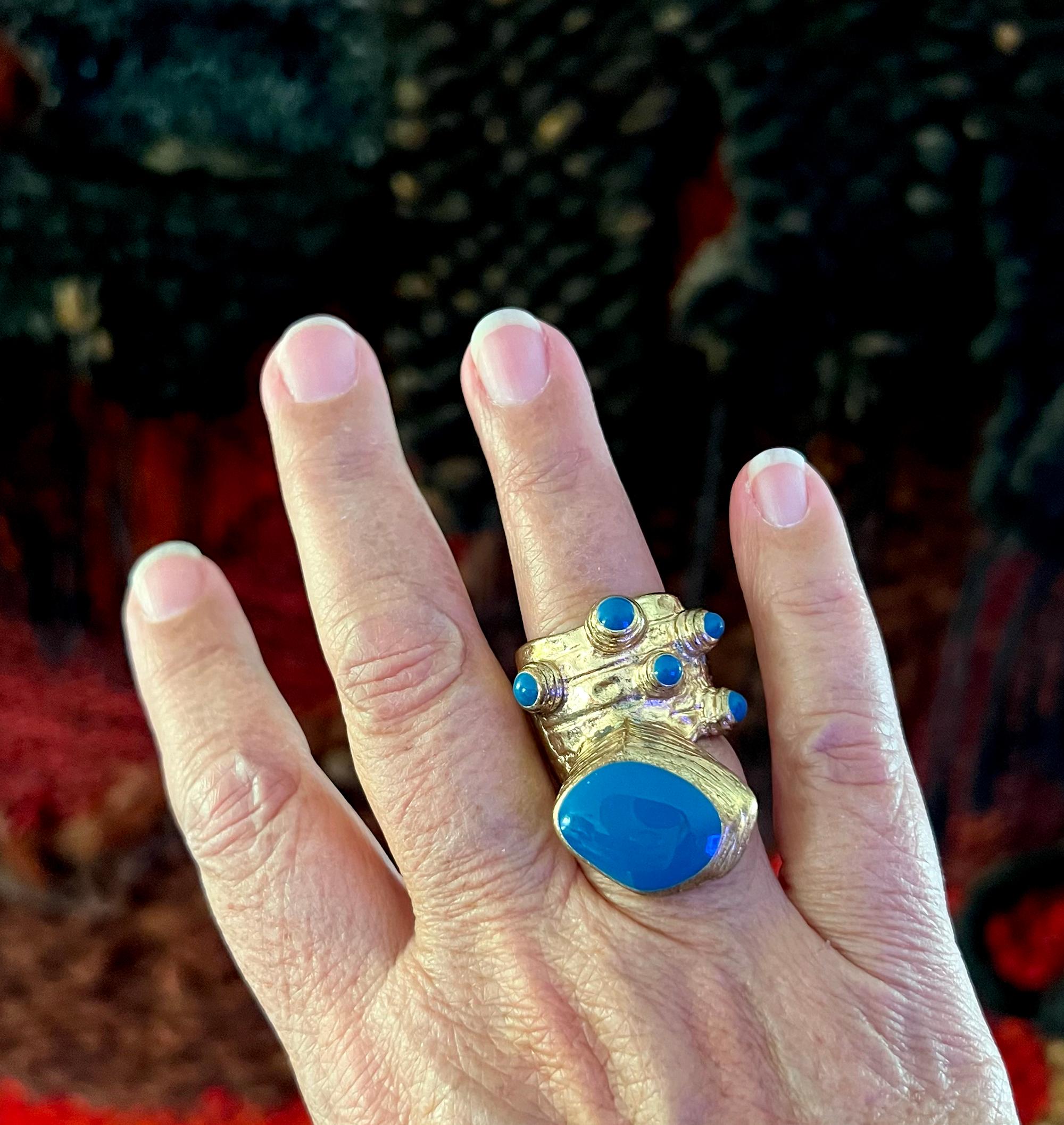 Yves Saint Laurent YSL Arty Teal Turquoise Chunky Gold Tone Ring Enamel Stones For Sale 1