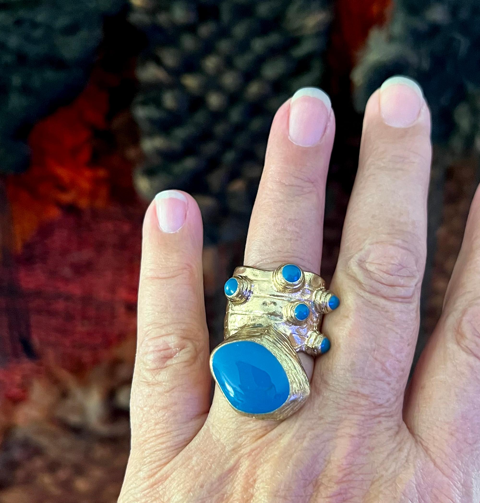 Yves Saint Laurent YSL Arty Teal Turquoise Chunky Gold Tone Ring Enamel Stones For Sale 2