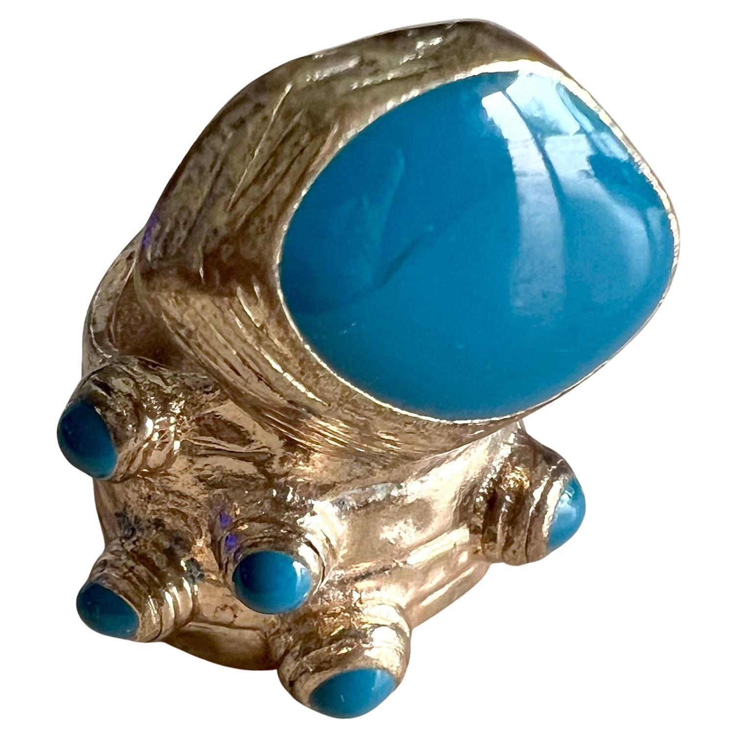 Yves Saint Laurent YSL Arty Teal Turquoise Chunky Gold Tone Ring Enamel Stones For Sale