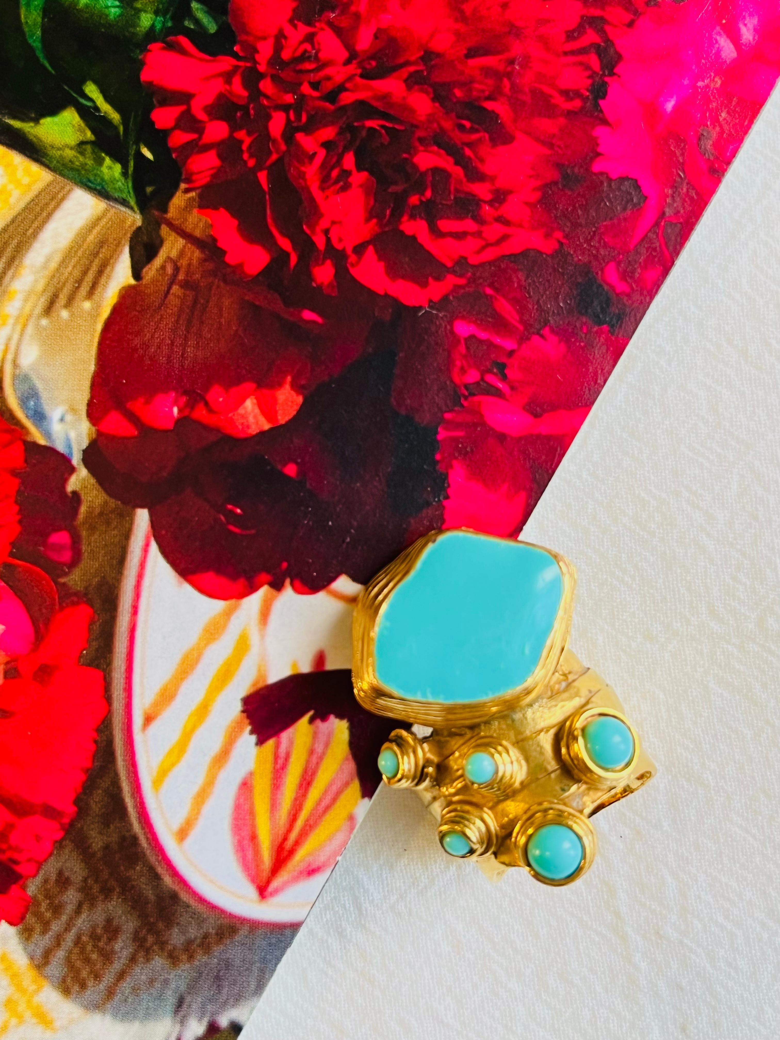 Art Deco Yves Saint Laurent YSL Arty Turquoise Cabochon Dots Chunky Gold Ring, Size 7
