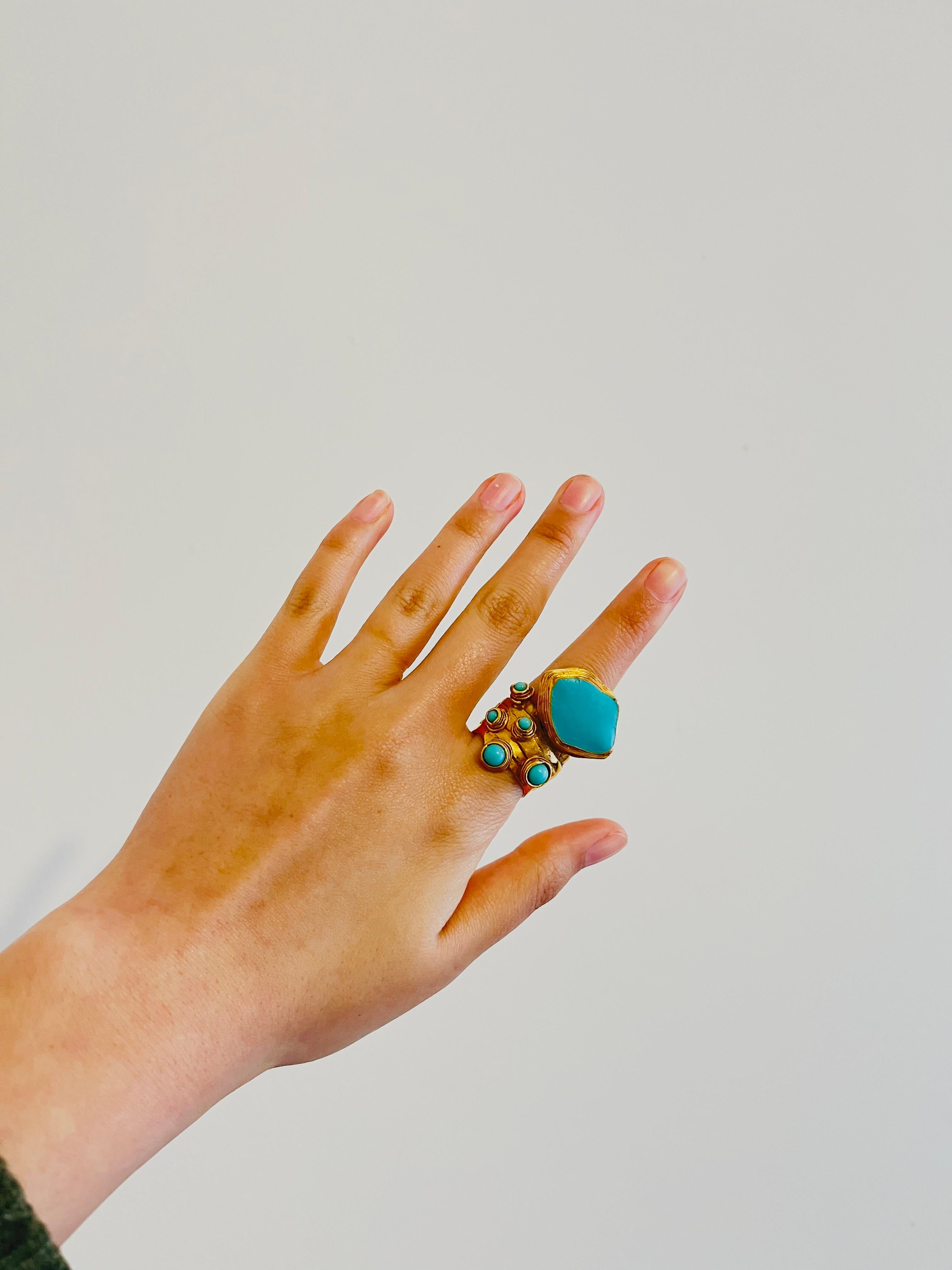 Women's or Men's Yves Saint Laurent YSL Arty Turquoise Cabochon Dots Chunky Gold Ring, Size 7