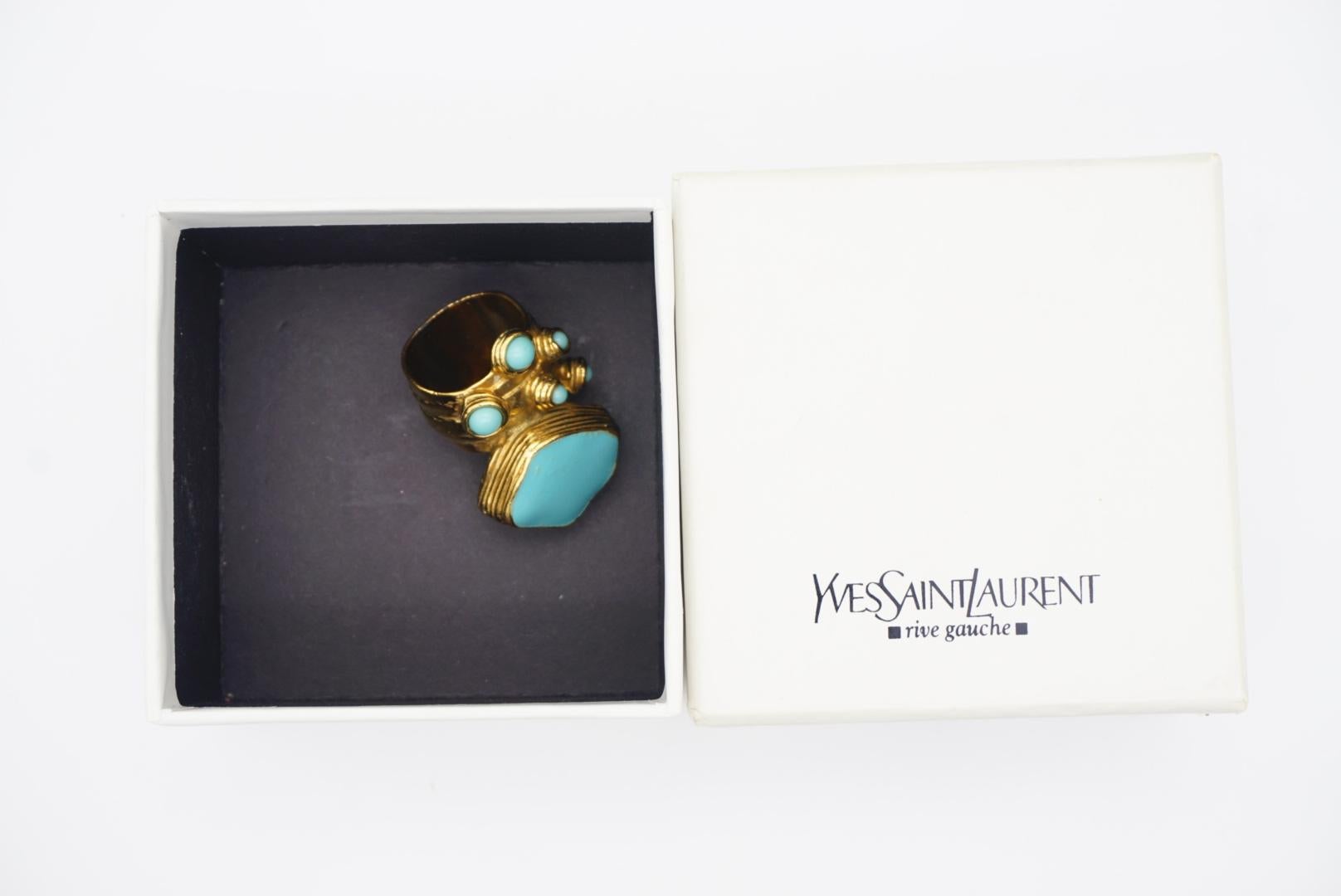 Art Deco Yves Saint Laurent YSL Arty Turquoise Cabochon Dots Chunky Gold Ring, Size 7 For Sale