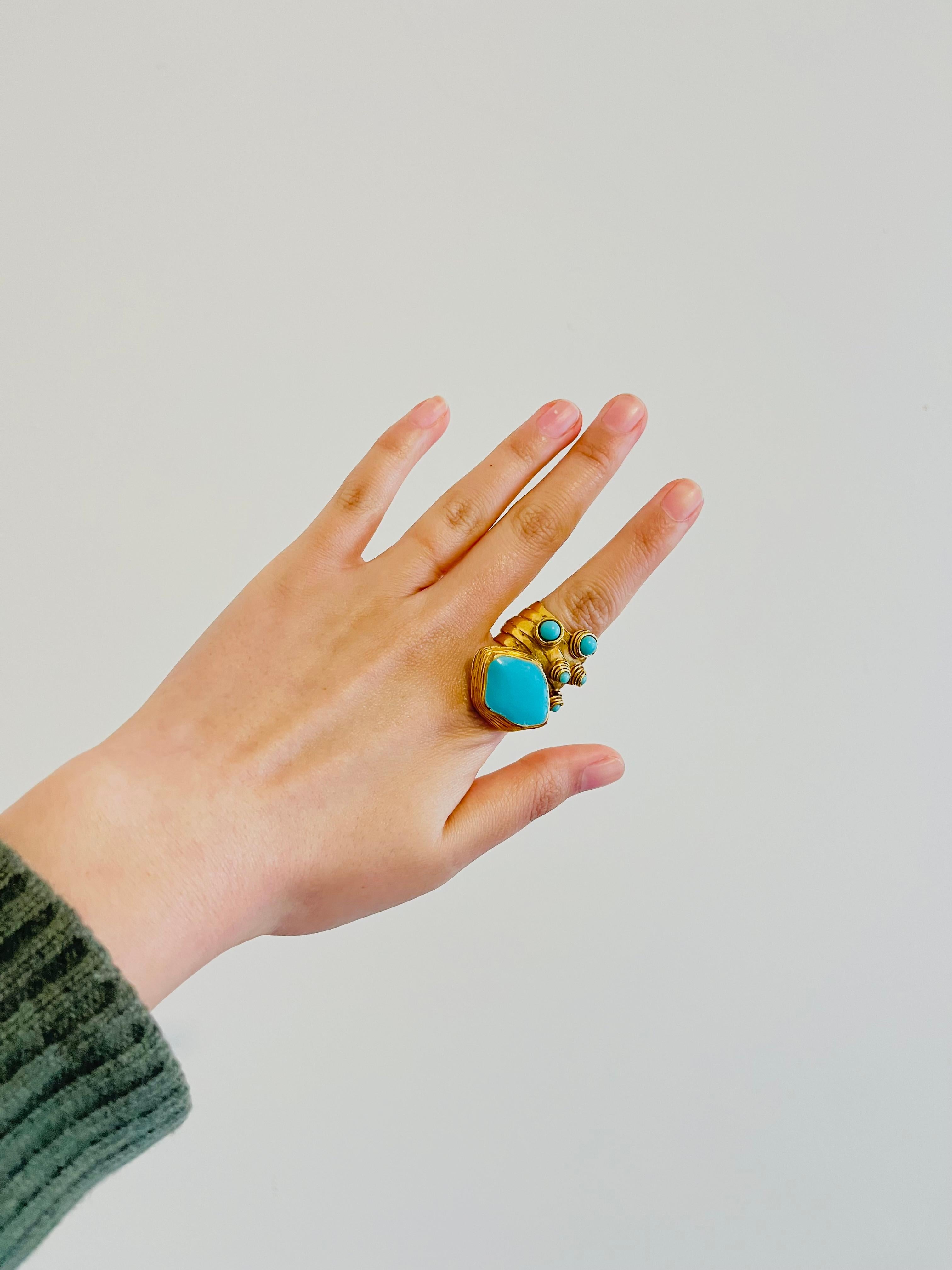 Yves Saint Laurent YSL Arty Turquoise Cabochon Dots Chunky Gold Ring, Size 7 1