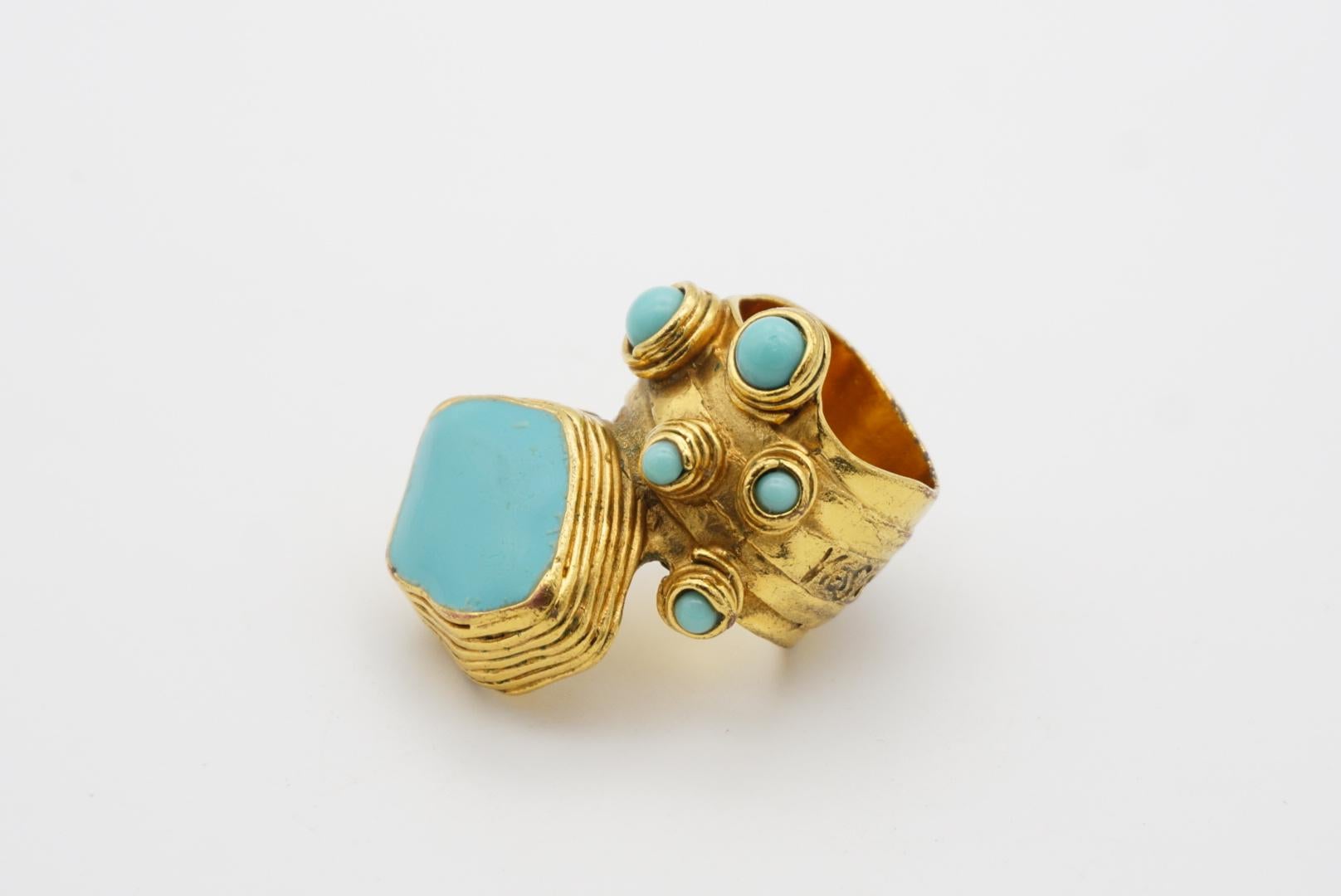 Yves Saint Laurent YSL Arty Turquoise Cabochon Dots Chunky Gold Ring, Size 7 3