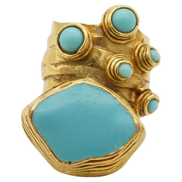 Yves Saint Laurent YSL Arty Turquoise Cabochon Dots Chunky Gold Ring, Size 7 For Sale