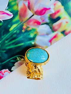 Yves Saint Laurent YSL Arty Turquoise Cabochon Enamel Chunky Gold Ring, Size 5