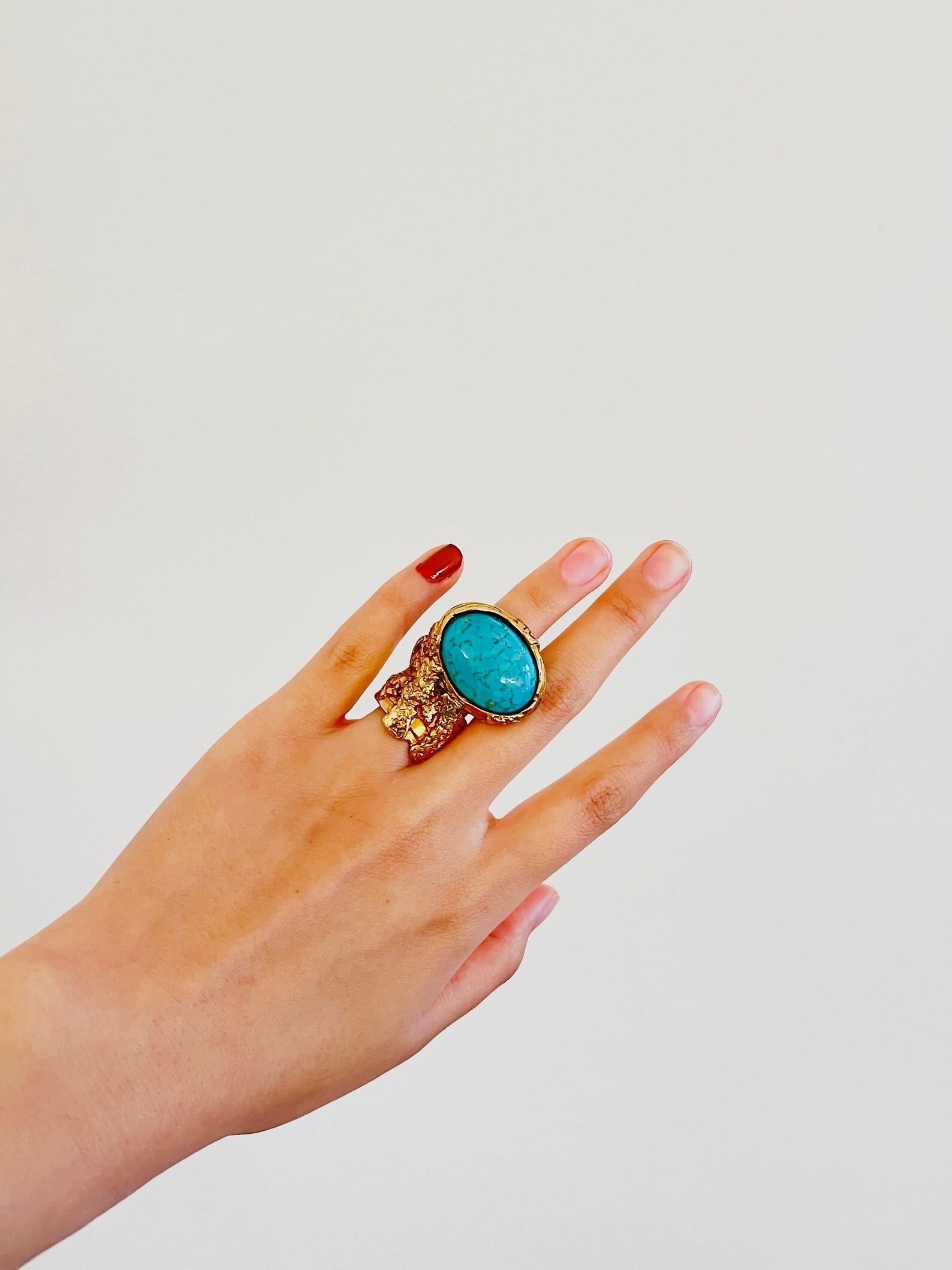 da uomo o donna Yves Saint Laurent YSL Arty Turquoise Cabochon Enamel Chunky - Anello in oro, misura 5